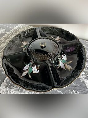 Vintage Mid Century Black Ceramic Divided Serving Platter with Center Lid Japan